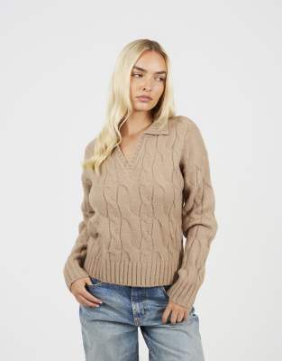 Brave Soul Collared cable knit jumper in beige-Neutral