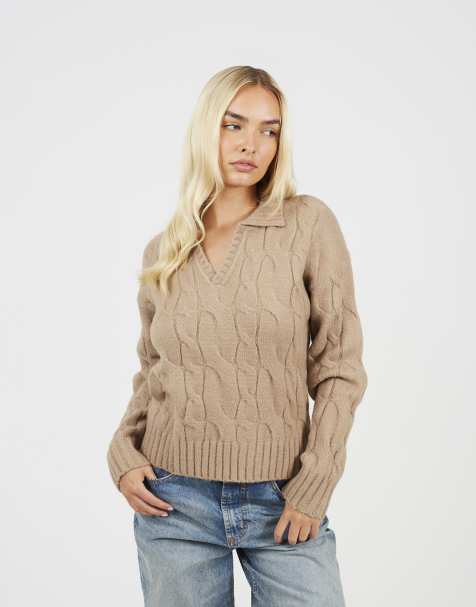 Brave Soul Collared cable knit jumper in beige