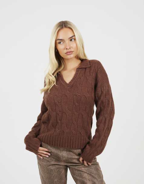 Brave Soul Collared cable knit jumper in brown