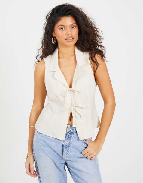 Brave Soul Collared tie front waistcoat in ecru - view 1