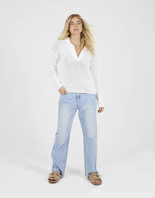 Brave Soul Collared v-neck open mesh knit jumper in white, 2 of 4