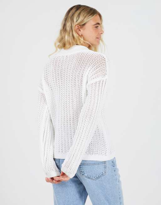 Brave Soul Collared v-neck open mesh knit jumper in white, 3 of 4