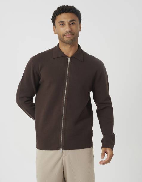 Brave Soul Collared zip through cardigan in chocolate - view 1