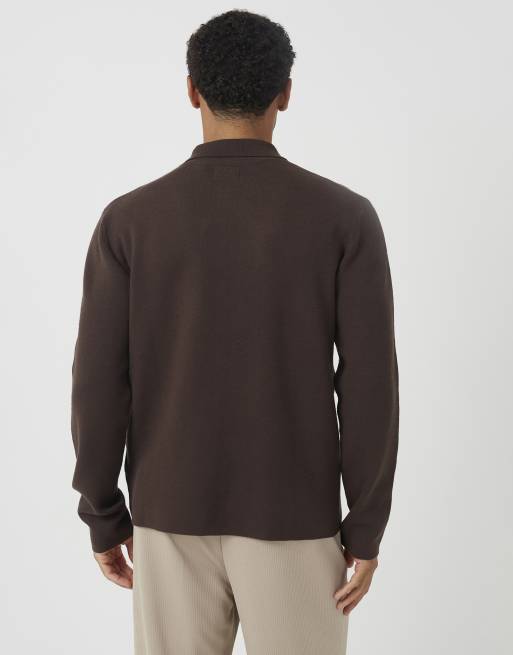 Brave Soul Collared zip through cardigan in chocolate, 2 of 4
