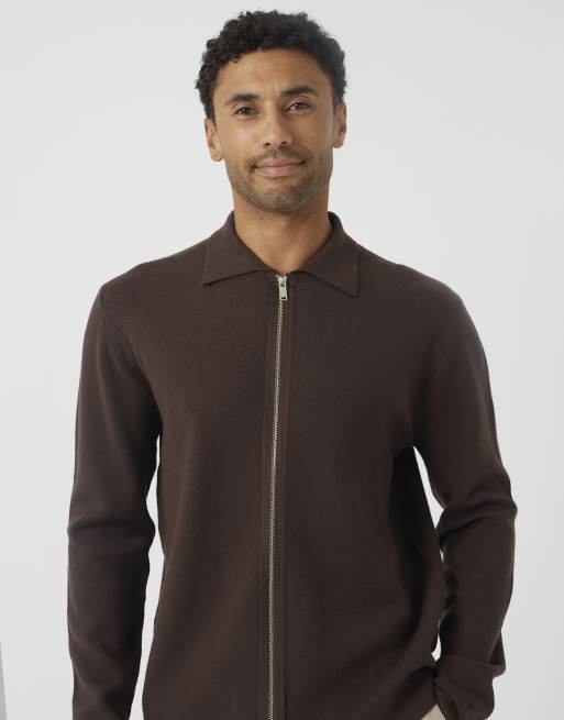 Brave Soul Collared zip through cardigan in chocolate, 4 of 4
