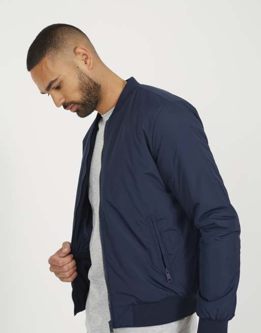 Brave Soul Collarless bomber zip-up jacket in navy, 3 of 4