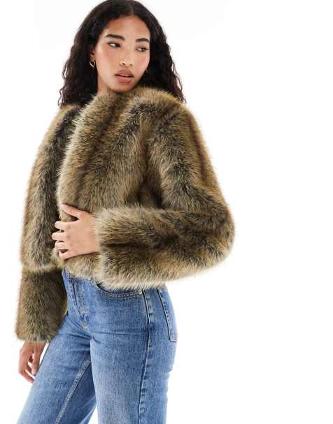 Brave Soul collarless short faux fur jacket in brown - view 1