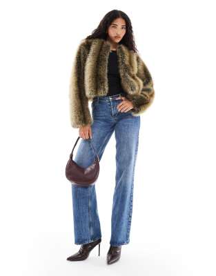 Brave Soul Collarless Short Faux Fur Jacket In Green