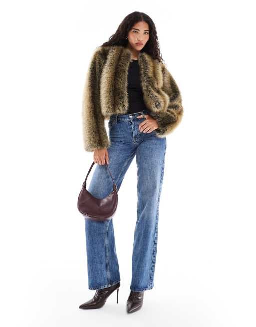 Brave Soul collarless short faux fur jacket in brown, 2 of 4