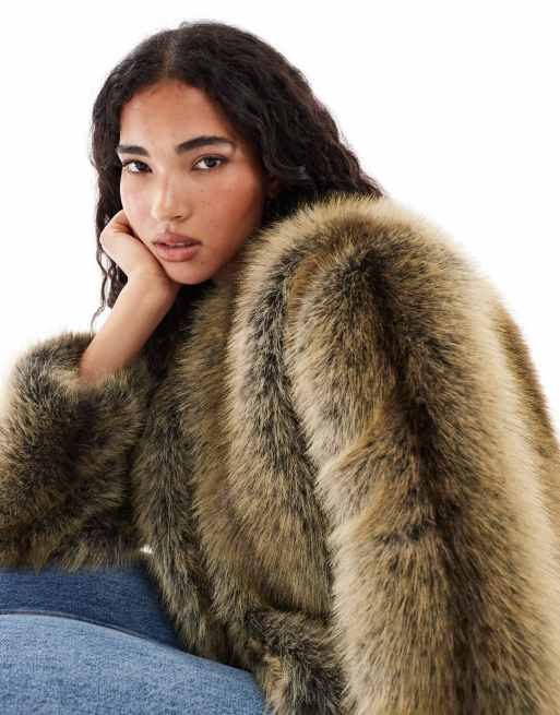 Brave Soul collarless short faux fur jacket in brown, 3 of 4