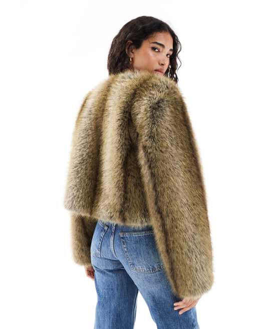 Brave Soul collarless short faux fur jacket in brown, 4 of 4