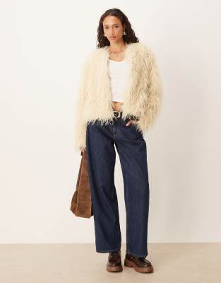 Brave Soul Collarless Short Mongolian Faux Fur Jacket In Neutral