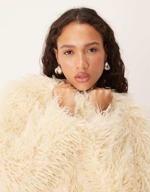 Brave Soul collarless short mongolian faux fur jacket in cream, 4 of 4