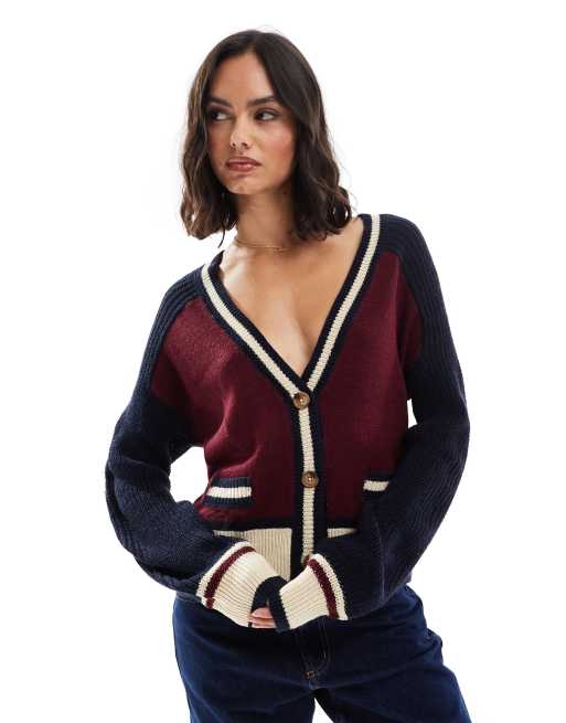Brave Soul – College-Strickjacke in Burgunderrot und Marineblau mit Knopfleiste und Kontrastbesatz