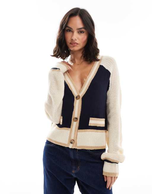 Brave Soul collegiate button through cardigan with contrast trims in navy and cream