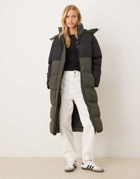 Brave Soul Colourblock maxi hooded puffer jacket in khaki