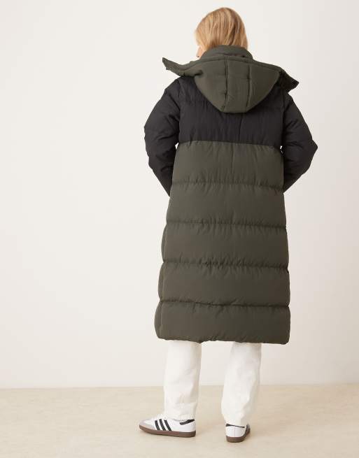Brave Soul Colourblock maxi hooded puffer jacket in khaki ASOS