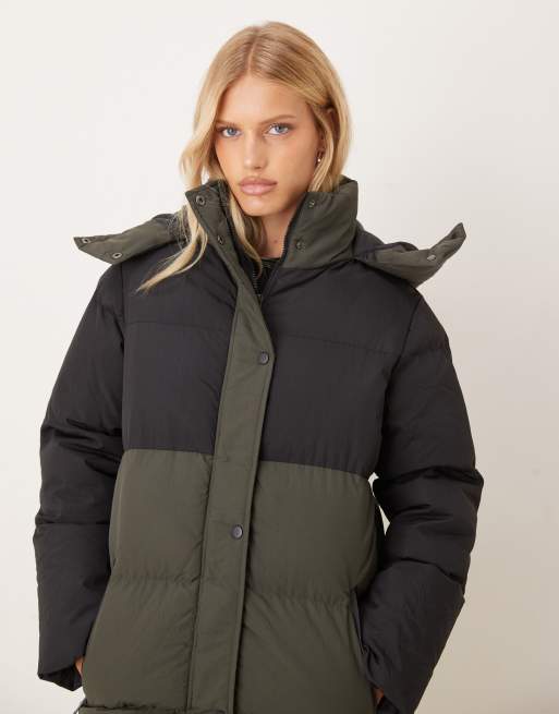 Brave Soul Colourblock maxi hooded puffer jacket in khaki ASOS