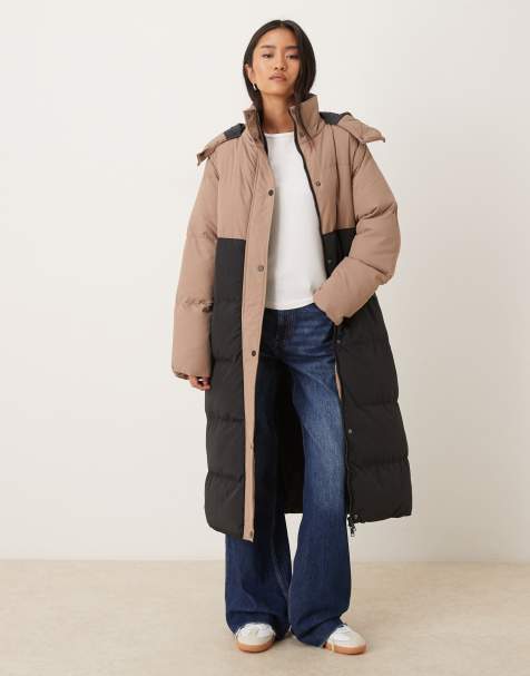 Brave Soul Colourblock maxi hooded puffer jacket in tan