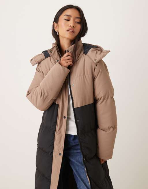 Brave Soul Colourblock maxi hooded puffer jacket in tan ASOS