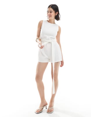 Combishort aspect lin noué à la taille - Crème-Blanc L