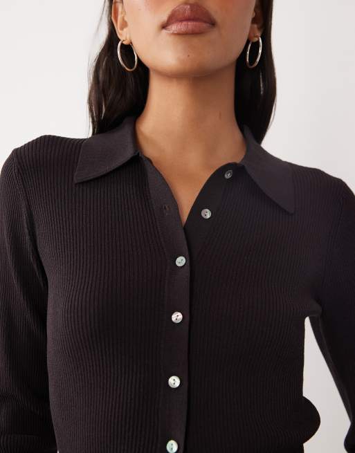 Brave Soul compact knit cardigan with collar in chocolate brown, 3 of 4