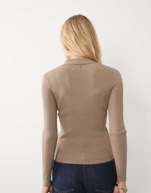 Brave Soul compact knit cardigan with collar in mink, 3 of 4