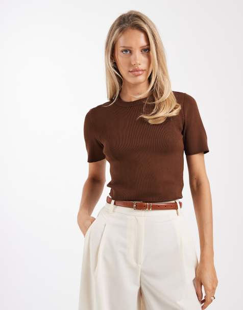 Brave Soul compact knit short sleeve jumper in chocolate brown - view 1