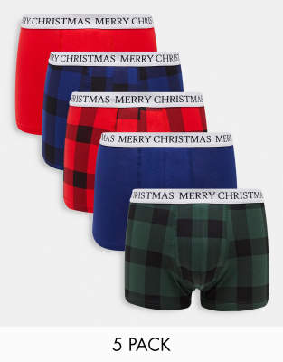 Brave Soul - Confezione da 5 boxer aderenti natalizi rossi e blu navy a