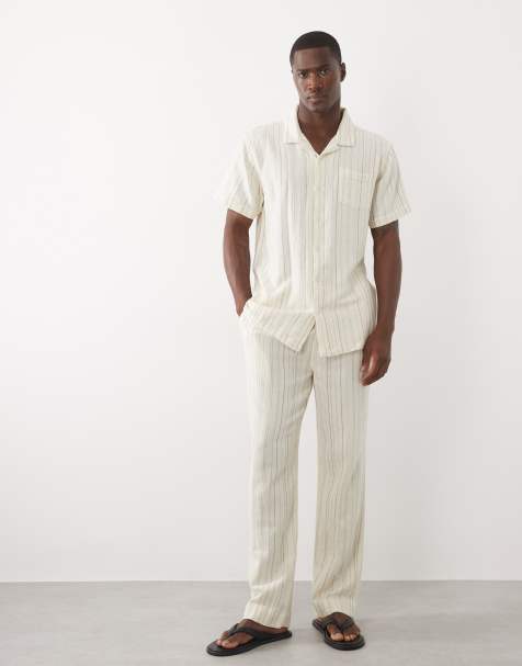Brave Soul - Conjunto color crema a rayas marrones de camisa y pantalones de tejido texturizado - view 1
