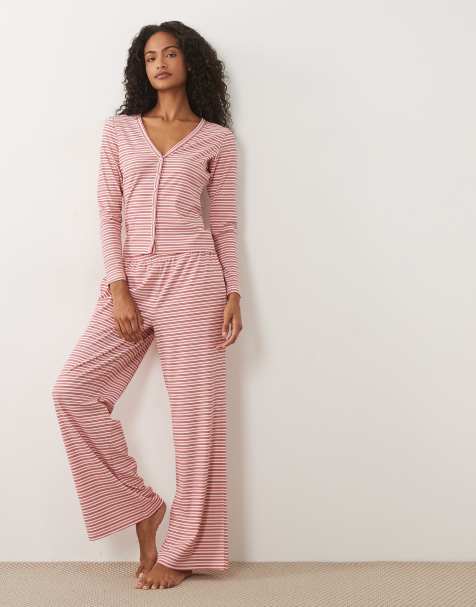 Brave Soul - conjunto de pijama de manga larga a rayas en rosa y crema - view 1