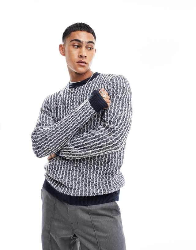 Brave Soul - contrast collar colour twist jumper in navy & white