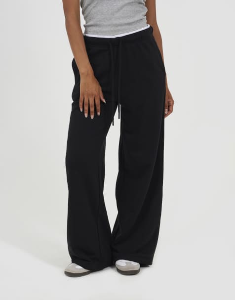 Brave Soul Contrast double waistband wide leg joggers in black - view 1