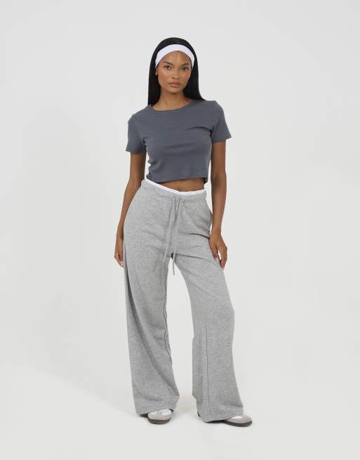 Brave Soul Contrast double waistband wide leg joggers in grey, 2 of 4