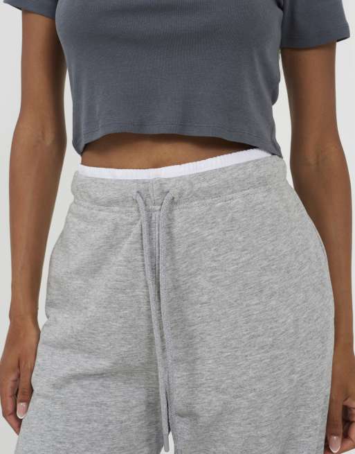Brave Soul Contrast double waistband wide leg joggers in grey, 3 of 4