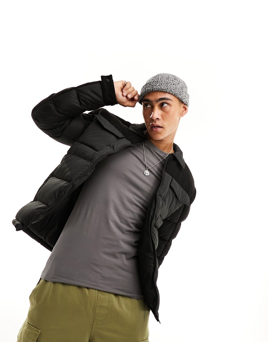Brave Soul Contrast Puffer Shacket In Black & Gray