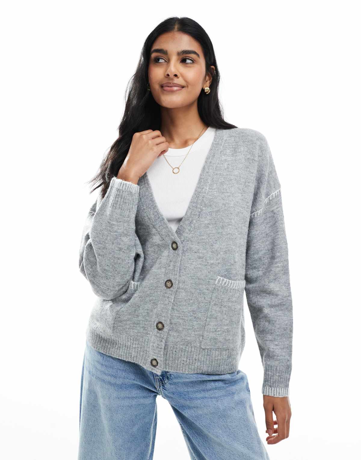 Brave Soul Contrast stitch button through v-neck cardigan in grey