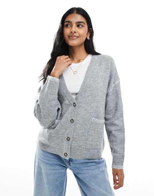 Brave Soul Contrast stitch button through v-neck cardigan in grey