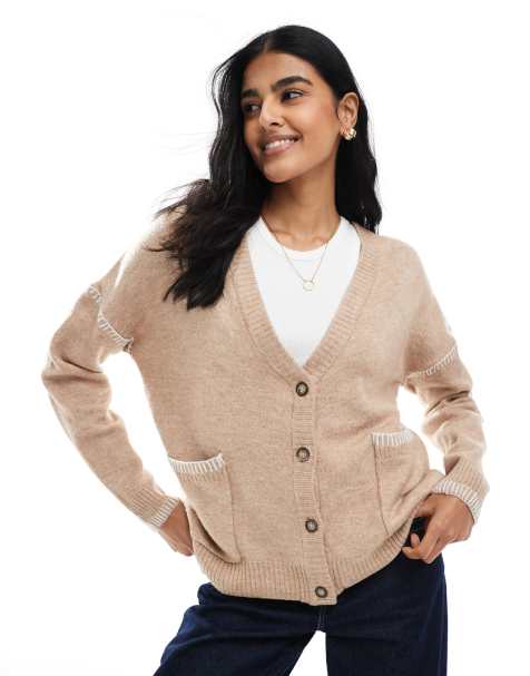 Brave Soul Contrast stitch button through v-neck cardigan in tan - view 1