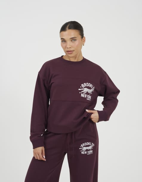 Brave Soul Contrast stripe panel crew neck sweatshirt in burgundy - view 1