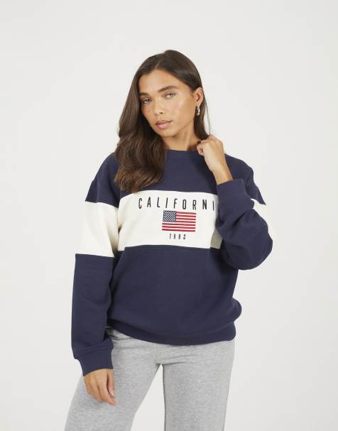 Brave Soul Contrast stripe panel crew neck sweatshirt in navy - view 1