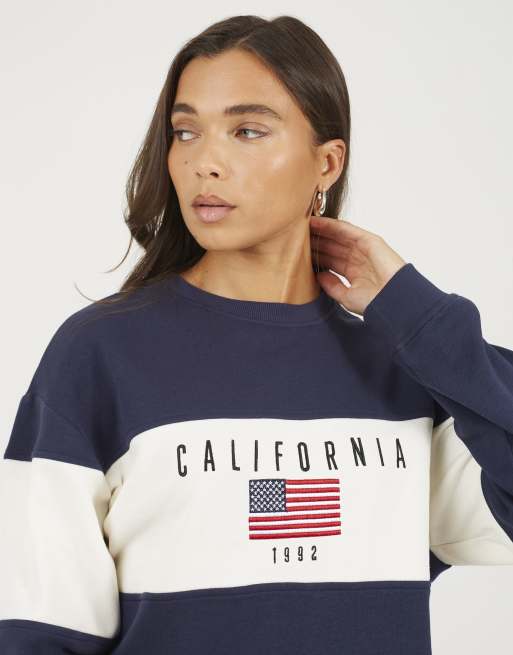 Brave Soul Contrast stripe panel crew neck sweatshirt in navy, 4 of 4