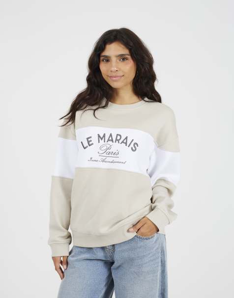 Brave Soul Contrast stripe panel crew neck sweatshirt in stone - view 1