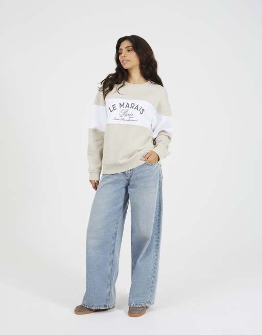 Brave Soul Contrast stripe panel crew neck sweatshirt in stone, 2 of 4