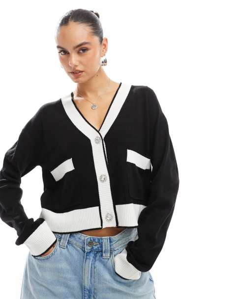 Brave Soul contrast trim cardigan with diamante buttons in black - view 1