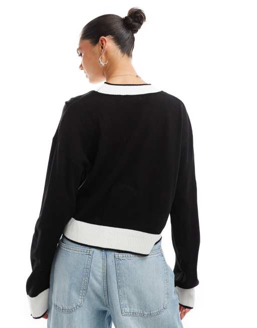 Brave Soul contrast trim cardigan with diamante buttons in black, 3 of 4