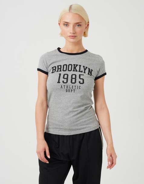 Brave Soul Contrast trim graphic slim fit t-shirt in charcoal
