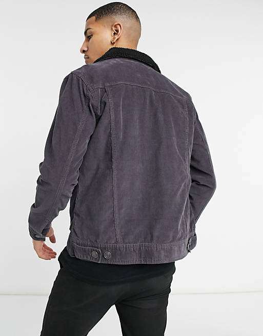 Brave Soul cord jacket in grey with borg collar