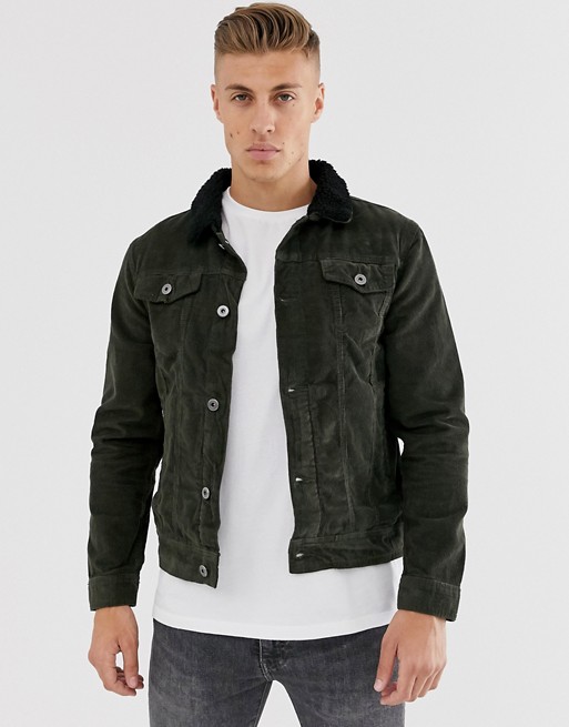 Brave Soul cord trucker jacket with borg collar
