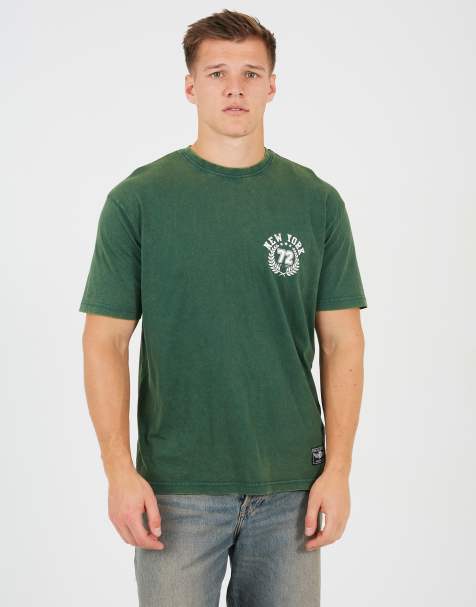 Brave Soul Cotton acid wash crew neck graphic t-shirt in green - view 1